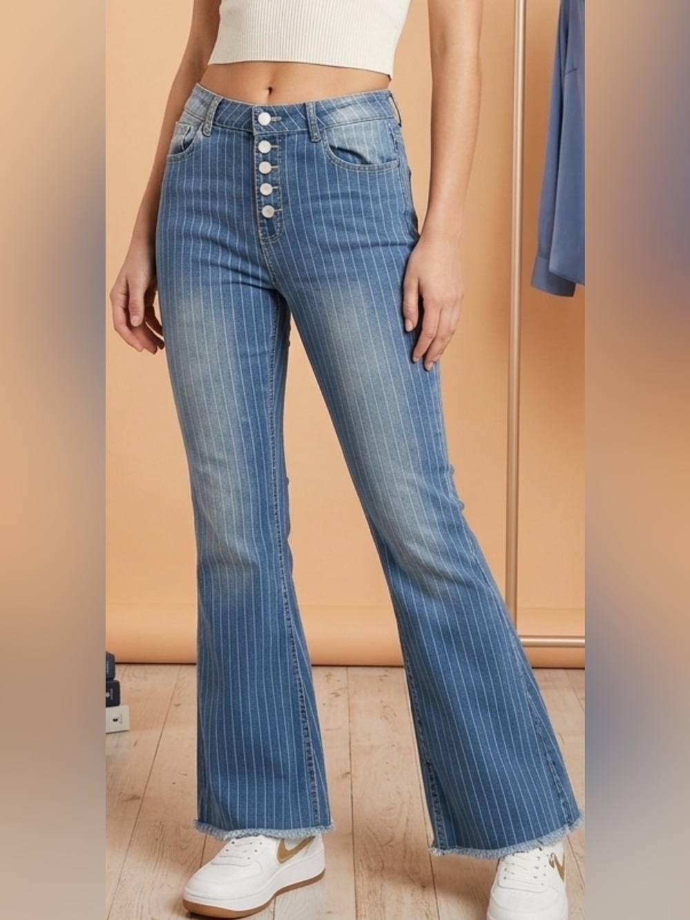 High-Rise Pinstripe Flare Jeans in Blue